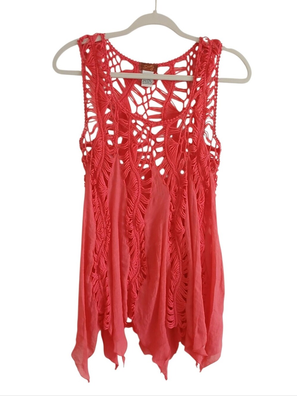 SCULLY Crochet Open Knit Top Women's M Coral Western Layering Cowgirl Beach
